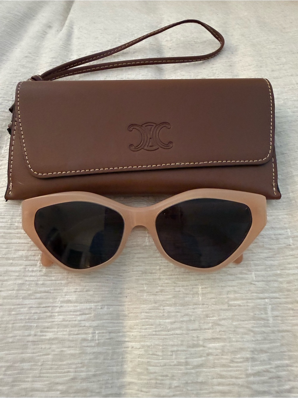 Celine Beige Cat-Eye Sunglasses with Brown Wristlet Case